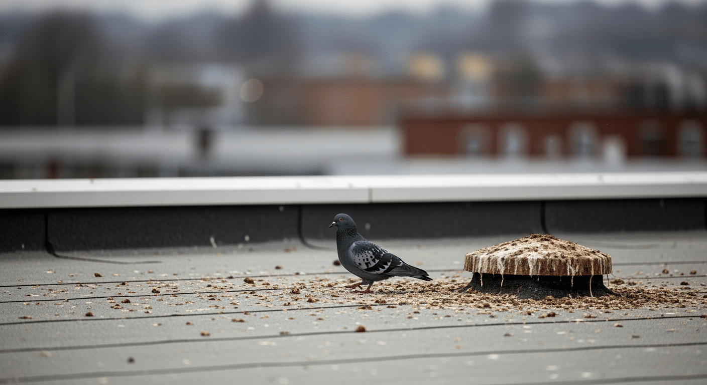 Commercial UK rooftop with bird fouling by a pigeon - Pest Bird Solutions