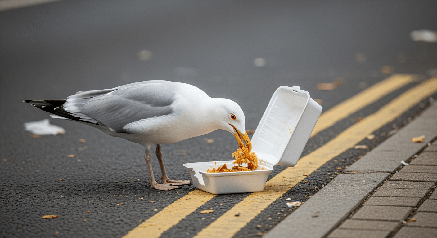 A gull scavenging on leftovers from a takeaway box - Pest Bird Solutions Edinburgh